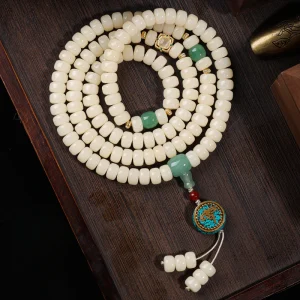 Straight-Cut White Jade Bodhi Root 108 Mala (9×6mm) – Clean & Minimalist Design