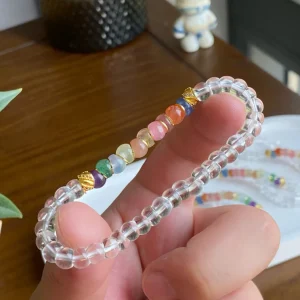 Tibetan Angled-Cut White Crystal Bracelet with Multicolor Crystals – Top-Grade Clear Quartz, Stress-Relieving & Meditation-Friendly