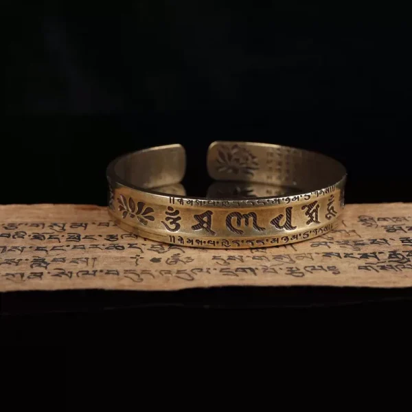 Tibetan Copper Bracelet Lotus Six-Character Mantra Open Bangle - Image 4