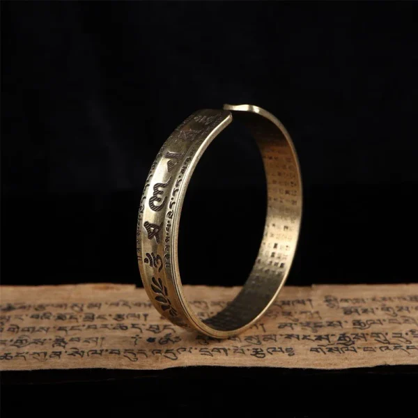 Tibetan Copper Bracelet Lotus Six-Character Mantra Open Bangle - Image 2