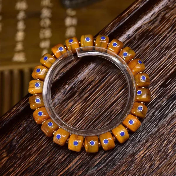 Budhi Luck Tibetan Old Silver and Lapis Lazuli Inlaid Bracelet with Small Tangka Pendant – Tibetan Yak Bone Bracelet - Image 2