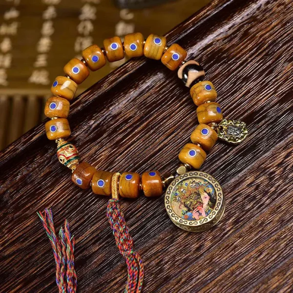 Budhi Luck Tibetan Old Silver and Lapis Lazuli Inlaid Bracelet with Small Tangka Pendant – Tibetan Yak Bone Bracelet - Image 4