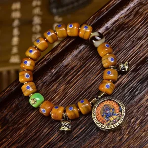 Budhi Luck Tibetan Old Silver and Lapis Lazuli Inlaid Bracelet with Small Tangka Pendant – Tibetan Yak Bone Bracelet
