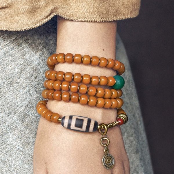 Budhi Luck Vintage-Style Multi-Layer Bodhi Seed and Dzi Bead Mala Bracelet – Unisex Buddhist-Inspired Jewelry - Image 7