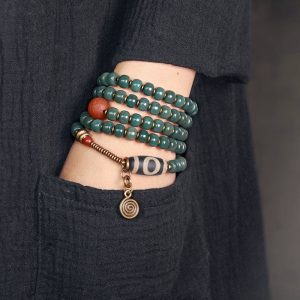 Budhi Luck Vintage-Style Multi-Layer Bodhi Seed and Dzi Bead Mala Bracelet – Unisex Buddhist-Inspired Jewelry