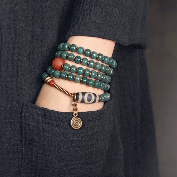Budhi Luck Vintage-Style Multi-Layer Bodhi Seed and Dzi Bead Mala Bracelet – Unisex Buddhist-Inspired Jewelry