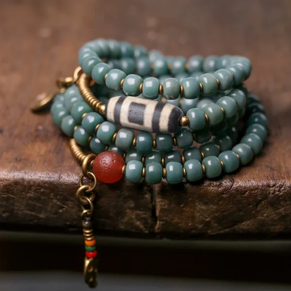 Budhi Luck Vintage-Style Multi-Layer Bodhi Seed and Dzi Bead Mala Bracelet – Unisex Buddhist-Inspired Jewelry - Image 5