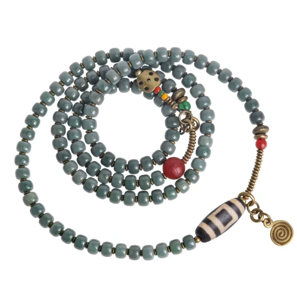 Budhi Luck Vintage-Style Multi-Layer Bodhi Seed and Dzi Bead Mala Bracelet – Unisex Buddhist-Inspired Jewelry - Image 2