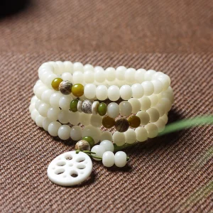 Carved Lotus Slice Pendant White Jade Bodhi 108 Mala Beads Bracelet