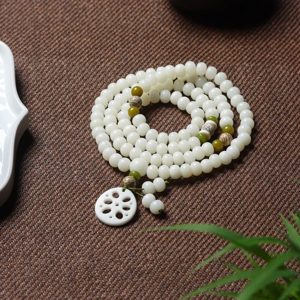Carved Lotus Slice Pendant White Jade Bodhi 108 Mala Beads Bracelet - Image 4