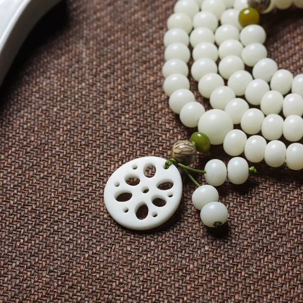 Carved Lotus Slice Pendant White Jade Bodhi 108 Mala Beads Bracelet - Image 3