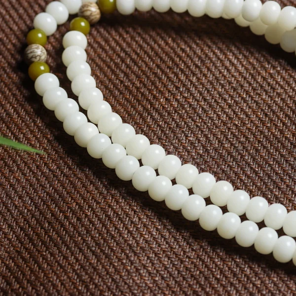 Carved Lotus Slice Pendant White Jade Bodhi 108 Mala Beads Bracelet - Image 2