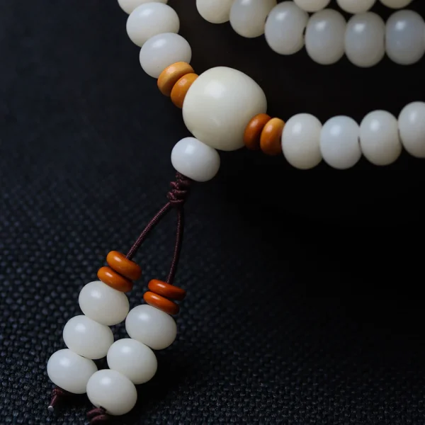 White Jade Bodhi 108 Mala Beads Bracelet with Hand-Carved Lotus Beads and Olive Pit Spacers - Image 3