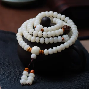 White Jade Bodhi 108 Mala Beads Bracelet with Hand-Carved Lotus Beads and Olive Pit Spacers